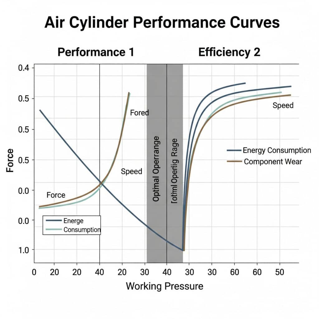 A performance chart with two graphs showing the trade-offs of air cylinder pressure. The 'Performance' graph shows that as pressure increases, force and speed also increase. The 'Efficiency' graph shows that as pressure increases, energy consumption and component wear also increase. A shaded 'Optimal Operating Range' highlights the most efficient pressure zone, balancing both graphs.