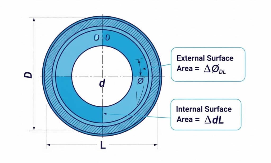 A technical diagram showing a pipe's cross-section with its outer diameter (D), inner diameter (d), and length (L) clearly labeled. The image displays the formulas for calculating external and internal surface area, illustrating a key concept for engineering calculations.