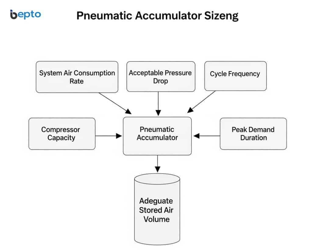 Schematický diagram s názvem "Dimenzování pneumatických akumulátorů" znázorňuje klíčové faktory výpočtu. Šipky spojují vstupy jako "Míra spotřeby vzduchu v systému", "Přijatelná tlaková ztráta" a "Kapacita kompresoru" s centrálním pneumatickým akumulátorem a ukazují, jak určují požadovaný objem uloženého vzduchu.