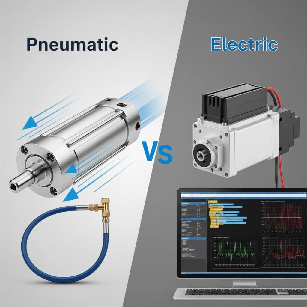 In einer Infografik mit geteiltem Bildschirm werden ein pneumatischer Zylinder und ein elektrischer Antrieb gegenübergestellt. Die pneumatische Seite betont die Geschwindigkeit und Einfachheit mit Bewegungslinien und einem einzigen Luftschlauch. Die elektrische Seite betont Präzision und Programmierbarkeit mit einem Aktuator, der mit einem Computerbildschirm verbunden ist, der Codes und Diagramme anzeigt.