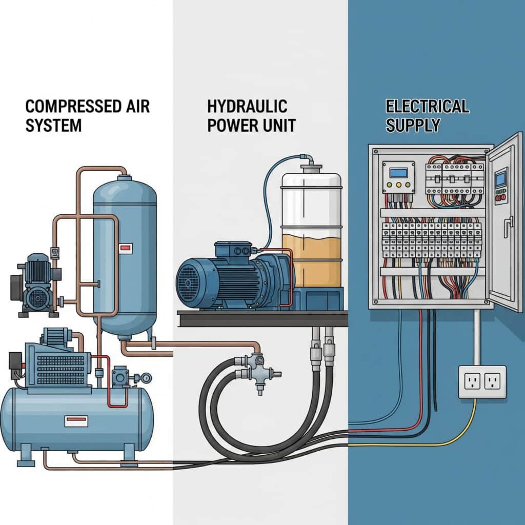 A comparative illustration showing three power source infrastructures side-by-side: on the left, a "Compressed Air System" with a compressor and tank; in the middle, a "Hydraulic Power Unit" with a motor, reservoir, and hoses; and on the right, an "Electrical Supply" with a complex electrical panel and wiring, visually comparing the different support systems required for various actuators.
