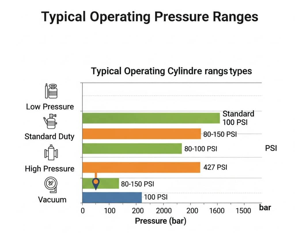 A bar chart comparing the typical operating pressure ranges of different air cylinder types. The chart shows bars for 'Low Pressure,' 'Standard Duty,' 'High Pressure,' and 'Vacuum.' The 'Standard Duty' range is shown as 80-150 PSI, with a special marker at 100 PSI.