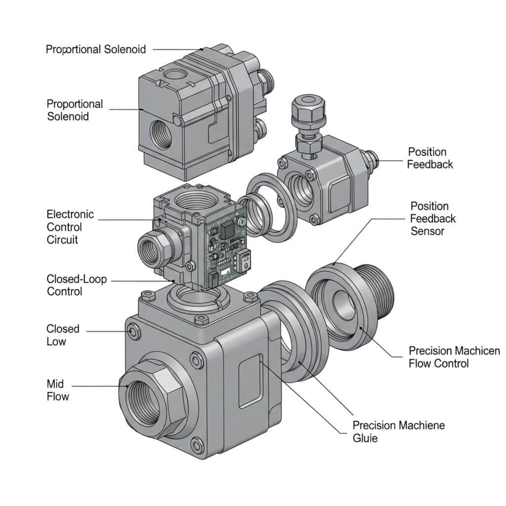 An exploded-view diagram of a proportional valve, deconstructing it to show key individual components like the solenoid, control circuit, and sensor, which enable precise flow control.