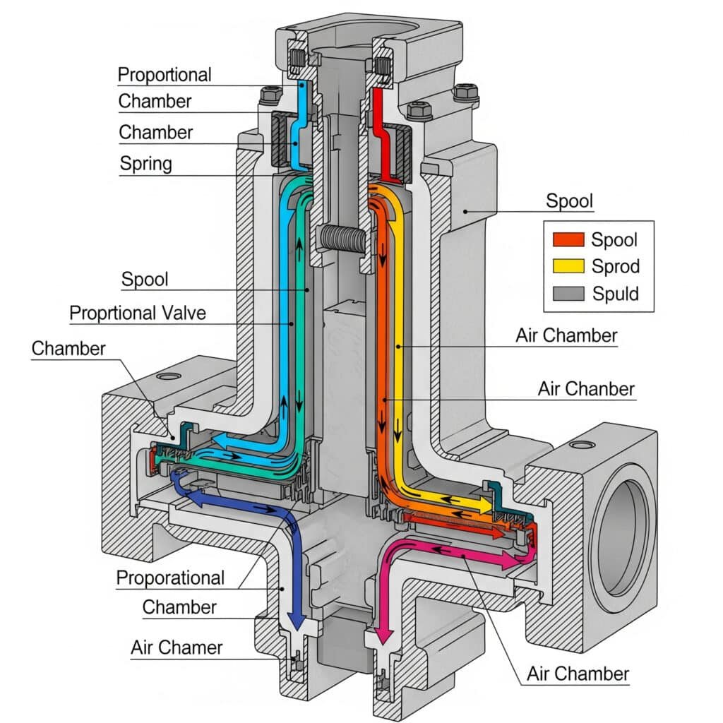 A detailed cross-section of a proportional valve, illustrating its internal components and the path of airflow, representing how the device electronically controls flow.