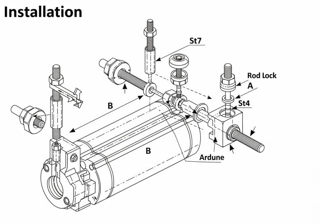 An engineering diagram showing an exploded view of a rod lock being installed on a hydraulic cylinder, with labels and arrows indicating the assembly order of various components like nuts, bolts, and washers.