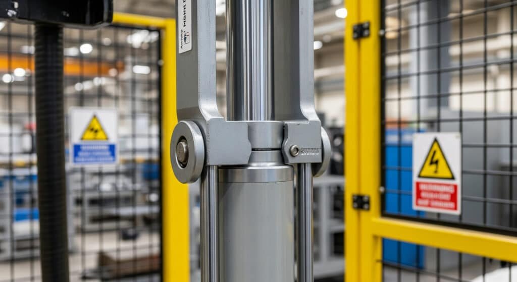 A close-up of a rod lock installed on a hydraulic cylinder in an industrial setting, emphasizing its use in safety applications.