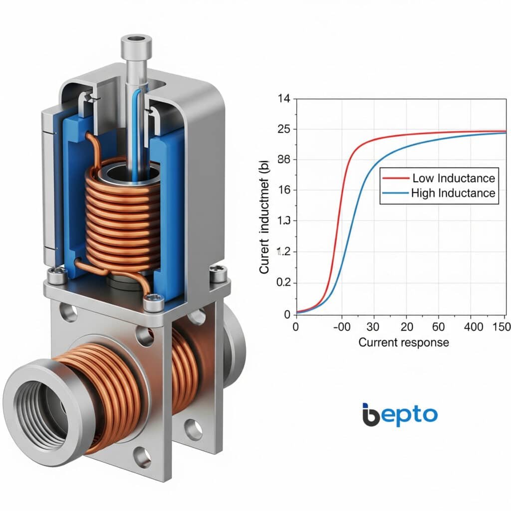 Un'illustrazione tecnica mostra una valvola a solenoide accanto a un grafico. Il grafico mostra due curve, "Bassa induttanza" e "Alta induttanza", che dimostrano come una minore induttanza consenta un più rapido accumulo di corrente e, quindi, un più rapido tempo di risposta del solenoide.