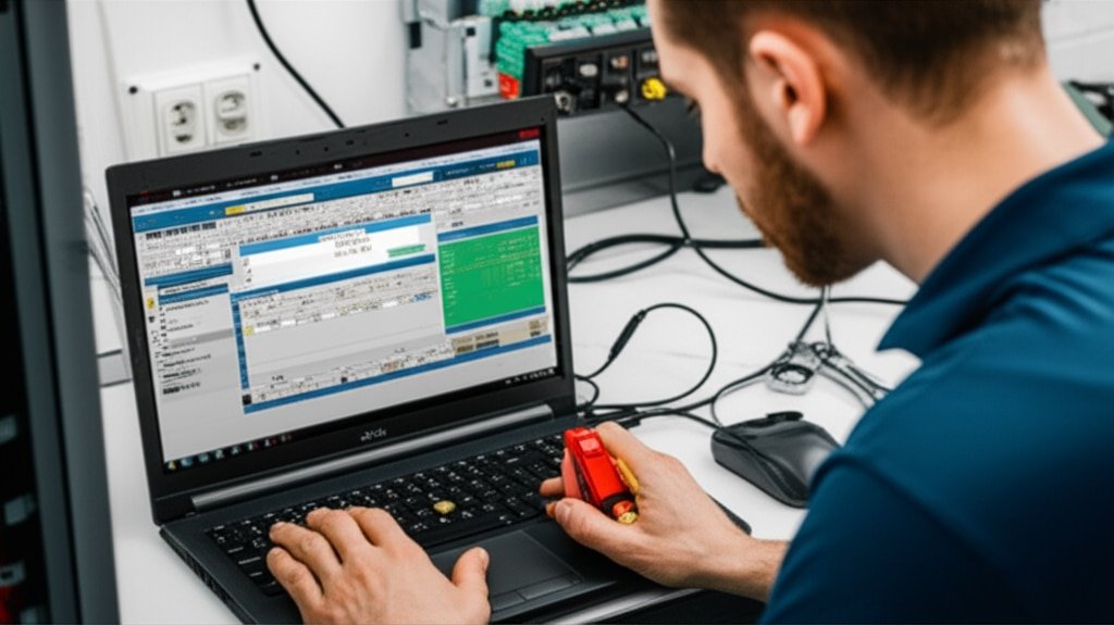 Un tehnician utilizează un laptop cu software de diagnosticare conectat la un actuator electric, ilustrând procedurile complexe de întreținere necesare pentru aceste sisteme, care necesită adesea instrumente specializate și personal calificat.