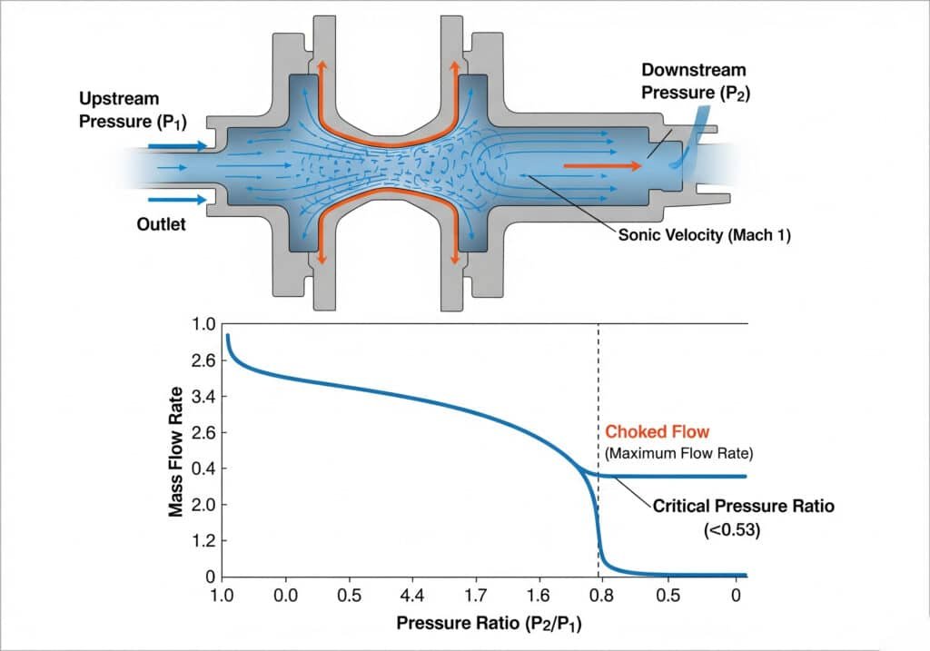 A diagram and graph illustrate choked flow. The diagram shows air accelerating to sonic speed at a valve restriction. The graph indicates that as the downstream to upstream pressure ratio drops below the critical pressure ratio (approximately 0.53), the mass flow rate reaches a maximum and remains constant.