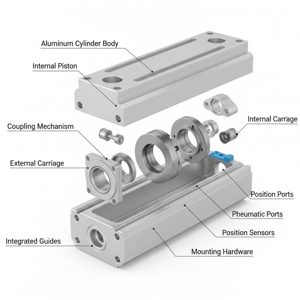 A professional exploded-view illustration of a rodless air slide, showing its internal construction with separated components. Leader lines clearly label the parts, including the "Aluminum Cylinder Body," "Internal Piston," "External Carriage," "Coupling Mechanism," "Pneumatic Ports," "Position Sensors," and "Mounting Hardware."