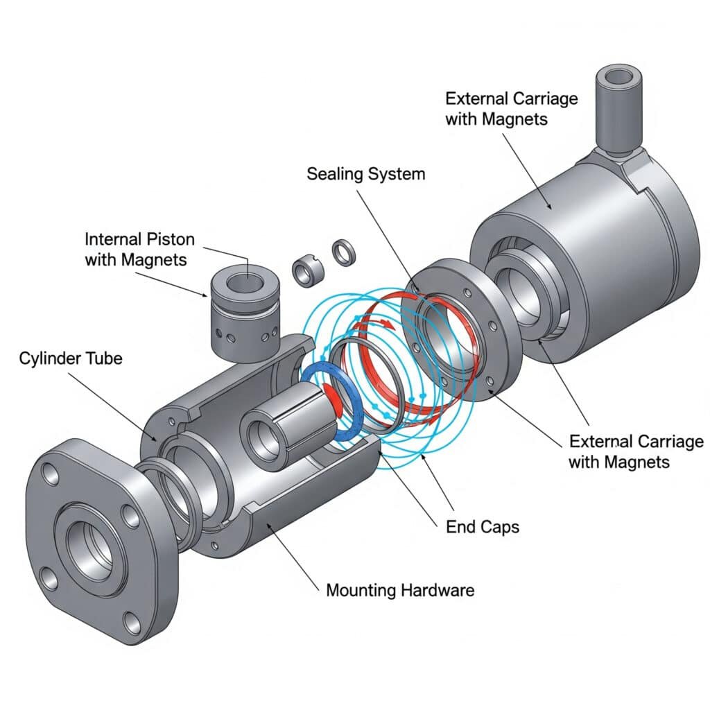 An exploded sectional view of a magnetic rodless cylinder clearly displays its core components. Visible are the "Cylinder Tube," "Internal Piston with Magnets," "External Carriage with Magnets," "Sealing System," "End Caps," and "Mounting Hardware." Blue arcing lines represent magnetic force, emphasizing its role in power transfer.