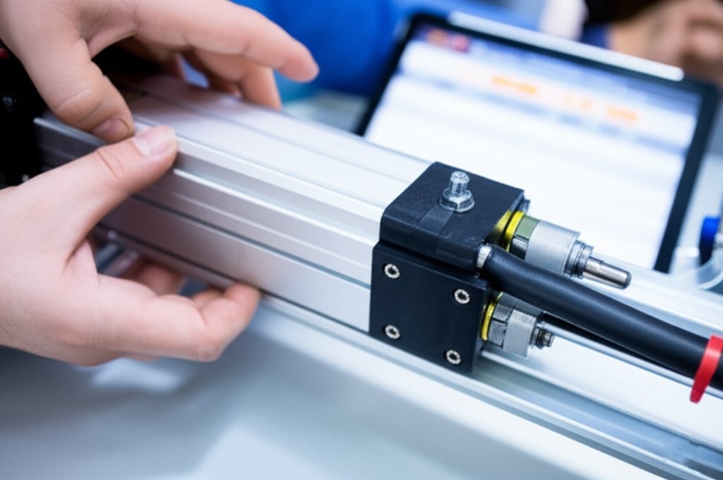 Hands meticulously inspect the housing of a rodless pneumatic cylinder for signs of wear, highlighting the crucial visual checks in preventative maintenance.