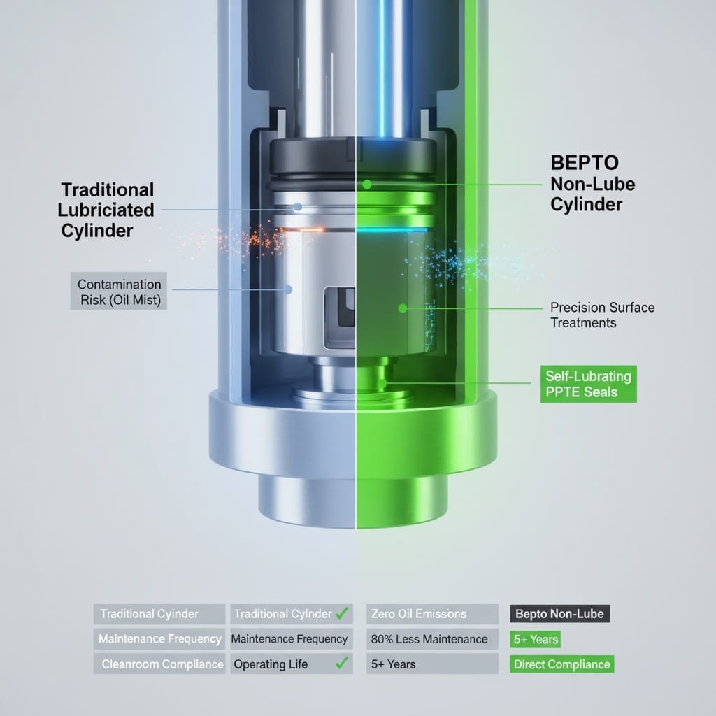 A cutaway diagram of a pneumatic cylinder, split vertically to compare a "Traditional Lubricated Cylinder" on the left (blue-grey) with a "BEPTO Non-Lube Cylinder" on the right (green). The traditional side shows orange particle emissions labeled "Contamination Risk (Oil Mist)." The Bepto side highlights internal components like "Precision Surface Treatments" and "Self-Lubricating PTFE Seals" with green glowing lines, showing no emissions. Below the cylinder, a comparison table highlights key performance factors for Bepto Non-Lube cylinders, including "Zero Oil Emissions," "80% Less Maintenance," "5+ Years" operating life, and "Direct Compliance" for cleanroom use.