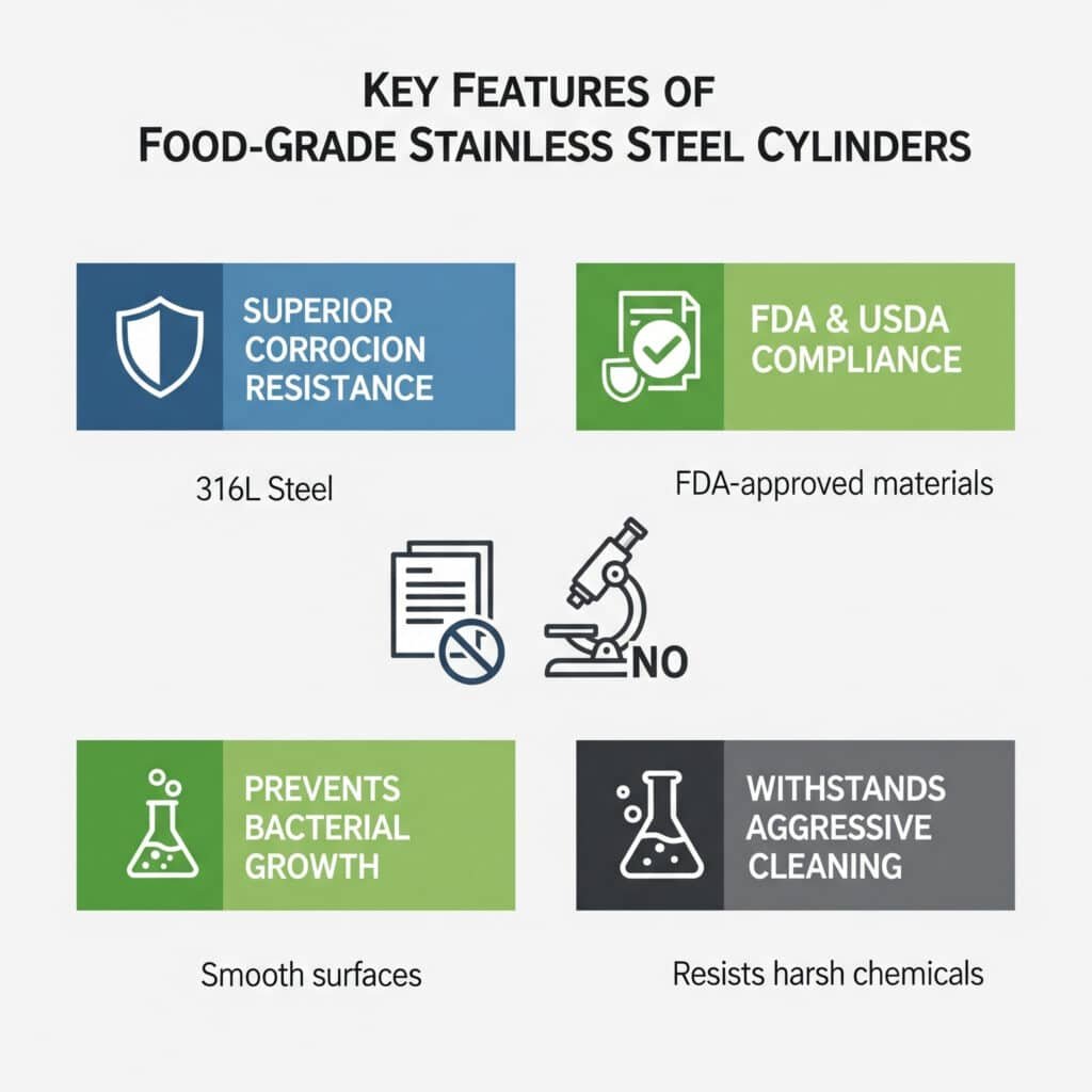 Az "Élelmiszeripari minőségű rozsdamentes acélpalackok legfontosabb jellemzői" című infografika négy fő előnyét emeli ki. A "Superior Corrosion Resistance" (rosszul írva "Corrocion") pajzs ikon és "316L Steel" szöveg látható rajta. Az "FDA & USDA megfelelőség" egy dokumentum ikon segítségével jelenik meg. A "Megakadályozza a baktériumok elszaporodását" egy lombik ikon és a "Sima felületek" szöveg. Az "Ellenáll az agresszív tisztításnak" egy másik lombik ikon és a "Ellenáll a durva vegyi anyagoknak" szöveg látható. Az infografika közepén két további, feliratozatlan ikon található: egy dokumentum "nem" szimbólummal és egy mikroszkóp "NEM" szöveggel, amelyek nem tűnnek helyénvalónak, és nem kapcsolódnak egyértelműen a fő pontokhoz.