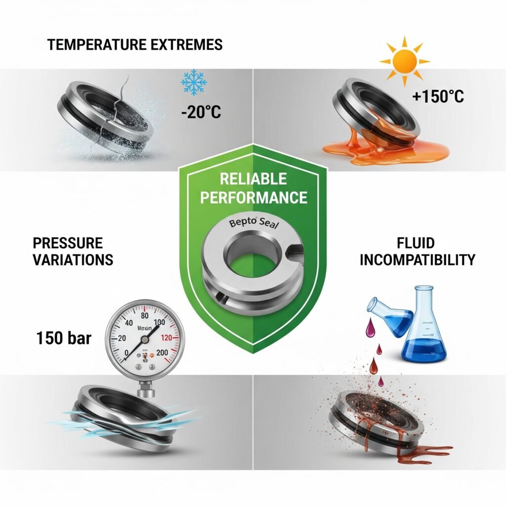 An infographic showcasing various operating conditions affecting seal performance, with a central "Bepto Seal" shield labeled "RELIABLE PERFORMANCE." The top section illustrates "TEMPERATURE EXTREMES," showing a seal cracking in -20°C conditions and melting at +150°C. The bottom left depicts "PRESSURE VARIATIONS" with a pressure gauge indicating 150 bar impacting a seal. The bottom right illustrates "FLUID INCOMPATIBILITY" with a seal degrading from chemical exposure, emphasizing the comprehensive reliability of Bepto Seals across challenging environments.
