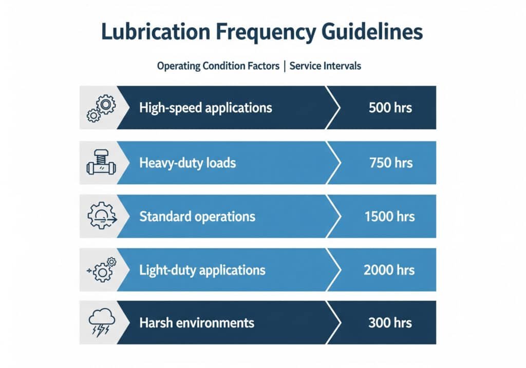 An infographic chart titled 'Lubrication Frequency Guidelines' displays five machinery operating conditions, from high-speed applications to harsh environments, and their corresponding required service intervals in hours