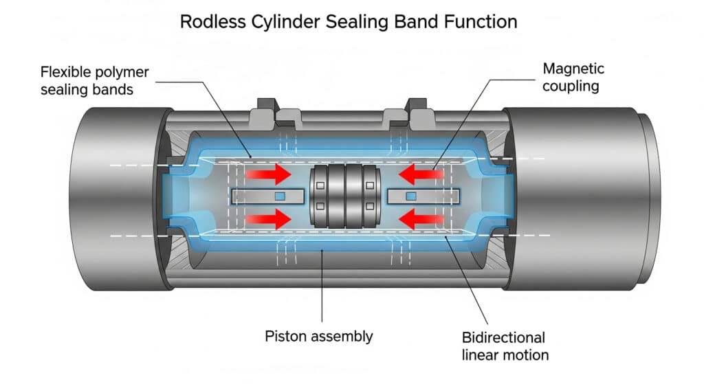 Esnek polimer sızdırmazlık bantlarını, piston tertibatını ve manyetik kaplini etiketleyen bir kesit görünümü gösteren ve çift yönlü doğrusal hareketi ve basınç ayrımını gösteren oklarla çubuksuz bir silindirin sızdırmazlık bandının işlevini gösteren bir infografik diyagram.
