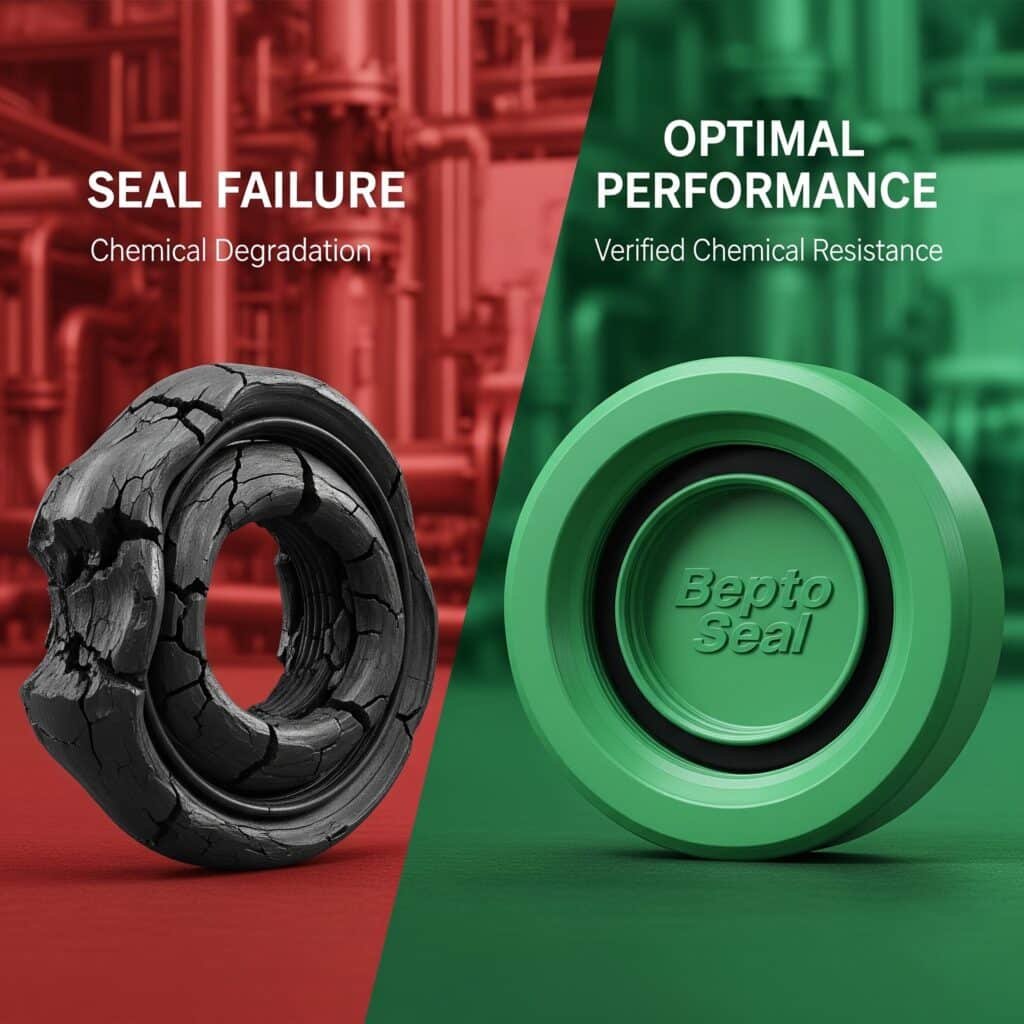A split-screen image contrasting the consequences of seal material incompatibility. On the left, a cracked and degraded black seal is labeled "SEAL FAILURE" and "Chemical Degradation." On the right, a pristine green "Bepto Seal" is labeled "OPTIMAL PERFORMANCE" and "Verified Chemical Resistance," highlighting the importance of selecting chemically compatible materials for industrial applications.