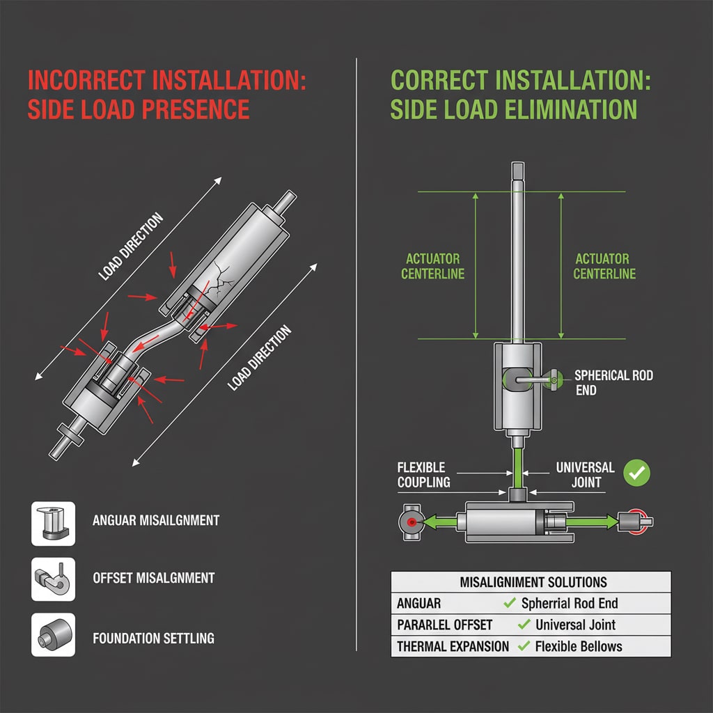 แผนผังทางเทคนิคแบบแยกส่วนที่เปรียบเทียบการติดตั้งแอคชูเอเตอร์นิวเมติกที่ไม่ถูกต้องกับที่ถูกต้อง เพื่อแสดงให้เห็นถึงการขจัดแรงด้านข้าง ด้านซ้ายซึ่งระบุไว้ว่า "การติดตั้งที่ไม่ถูกต้อง: มีแรงด้านข้าง" แสดงให้เห็นแอคชูเอเตอร์ที่ติดตั้งไม่ตรงแนว โดยมีลูกศรสีแดงชี้ไปยังแรงด้านข้างที่ทำลายโครงสร้างและชิ้นส่วนที่แตกร้าว พร้อมทั้งเน้นจุด "การติดตั้งเอียงในแนวมุม" "การติดตั้งเยื้องศูนย์" และ "ฐานรากทรุด" ว่าเป็นสาเหตุของปัญหาด้านขวาซึ่งมีป้ายกำกับว่า "การติดตั้งที่ถูกต้อง: การกำจัดโหลดด้านข้าง" แสดงตัวกระตุ้นที่จัดวางอย่างสมบูรณ์แบบ โดยมีเส้นสีเขียวแสดง "เส้นศูนย์กลางตัวกระตุ้น" ที่ขนานกัน ใช้ "ปลายก้านทรงกลม" และ "ข้อต่อสากล" เป็น "ข้อต่อแบบยืดหยุ่น"ตารางที่มุมล่างขวาแสดงรายการ "วิธีแก้ไขการไม่ตรงแนว" ซึ่งรวมถึงปลายแท่งทรงกลม, ข้อต่อสากล, และท่ออ่อนยืดหยุ่น สำหรับประเภทการไม่ตรงแนวต่างๆ.