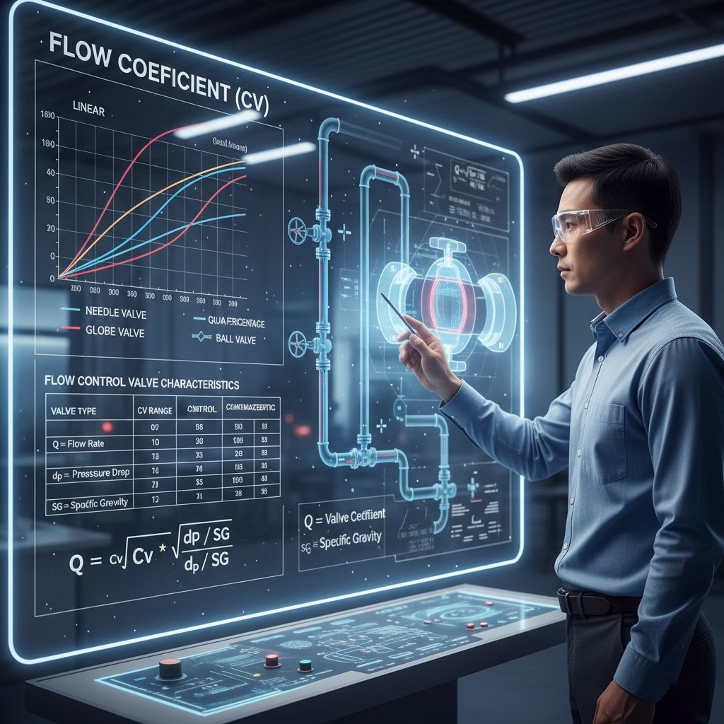 Nykyaikaisessa laboratoriossa työskentelevä insinööri on vuorovaikutuksessa vuorovaikutteisen hologramminäytön kanssa, joka visualisoi virtauksenohjauskäsitteitä. Vasemmalla oleva "FLOW COEFFICIENT (CV)" -kaavio näyttää lineaariset, nopeasti avautuvat ja yhtä suuret prosentuaaliset virtausominaisuudet eri venttiilityypeille, kuten neula-, kuula- ja palloventtiileille. Sen alapuolella olevassa "FLOW CONTROL VALVE CHARACTERISTICS" -taulukossa on tietoja eri venttiilityypeistä, mukaan lukien CV-alue, säätöominaisuudet ja parhaat sovellukset. Oikealla puolella näkyy venttiilin 3D-hologrammikuvaus, jossa on päällekkäin nestedynamiikkaa ja yhtälöitä, kuten "Q = Cv * √(dp/SG)". Insinööri osoittaa näyttöä, mikä havainnollistaa tarkkuutta, jota tarvitaan venttiilin ominaisuuksien ymmärtämisessä järjestelmän optimaalisen suorituskyvyn saavuttamiseksi.