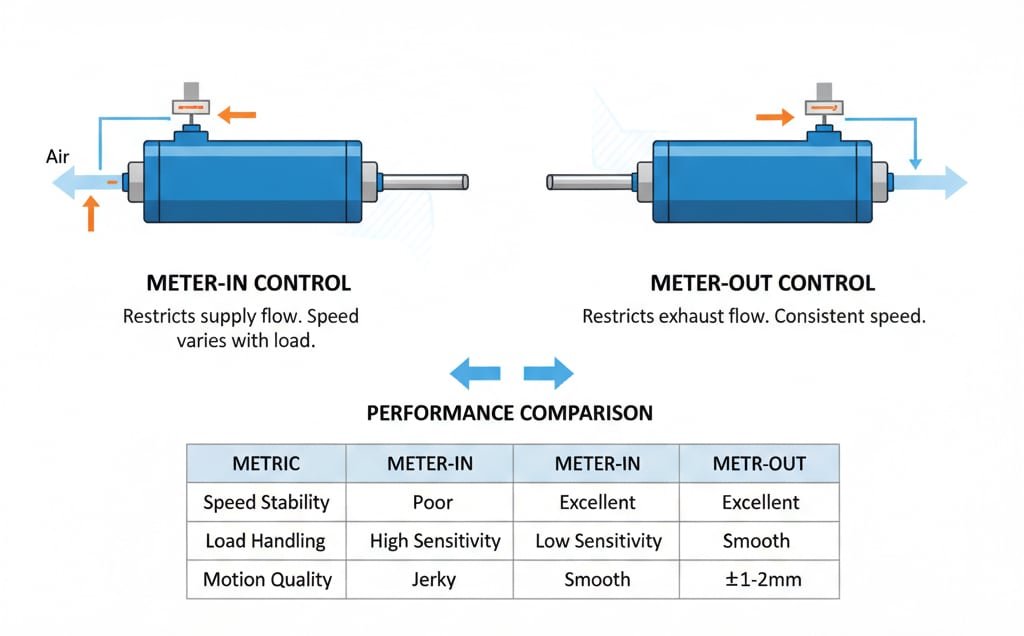 Pneimatisko cilindru vadības metožu salīdzinājums, kurā redzams cilindrs "Meter-In Control", kas ierobežo pieplūdes gaisa plūsmu, tādējādi radot mainīgu ātrumu, un cilindrs "Meter-Out Control", kas ierobežo izplūdes gaisa plūsmu, nodrošinot vienmērīgu ātrumu. Zem diagrammām ir sniegta "Veiktspējas salīdzinājuma" tabula ar tādiem rādītājiem kā "Ātruma stabilitāte" un "Kustības kvalitāte", kas uzsver, ka pneimatiskajās sistēmās ar skaitītāju-izslēgšanas vadību ir augstāka veiktspēja.