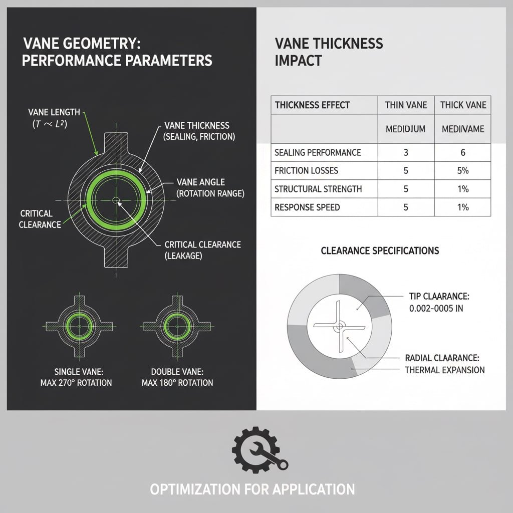 Tekninen infografiikka, joka havainnollistaa siipien geometrian kriittistä vaikutusta toimilaitteen suorituskykyyn ja joka on jaettu kahteen pääosaan. Vasemmanpuoleinen tummanharmaa paneeli, jonka otsikko on "VANE GEOMETRY: SUORITUSKYKY PARAMETRIT" sisältää pyörivän toimilaitteen poikkileikkauskaavion, jossa on merkitty keskeiset komponentit: "VANE LENGTH (T ~ L²)", "VANE THICKNESS (SEALING, FRICTION)", "VANE ANGLE (ROTATION RANGE)" ja "CRITICAL CLEARANCE (LEAKAGE)". Tämän alapuolella on kaksi pienempää kaaviota, joissa esitetään "SINGLE VANE: MAX 270° ROTATION" ja "DOUBLE VANE: MAX 180° ROTATION". Oikeanpuoleisessa vaaleanharmaassa paneelissa, jonka otsikkona on "VANE THICKNESS IMPACT", on taulukko, jossa verrataan ohuiden, keskikokoisten ja paksujen siipien vaikutuksia "SEALING PERFORMANCE", "FRICTION LOSSES", "STRUCTURAL STRENGTH" ja "RESPONSE SPEED". Taulukon alapuolella olevassa kaaviossa, jonka otsikkona on "VÄHENTÄVYYDEN TEKNISET TIEDOT", korostetaan "VÄHENTÄVYYDEN KÄRKI: 0,002-0,005 IN" ja "SÄTEILYVÄHENTÄVYYS: LÄMPÖTILAN LAAJENNUS". Alareunassa on hammaspyöräkuvake ja teksti "OPTIMIZATION FOR APPLICATION", joka symboloi sovelluskohtaisen suunnittelun tarvetta.