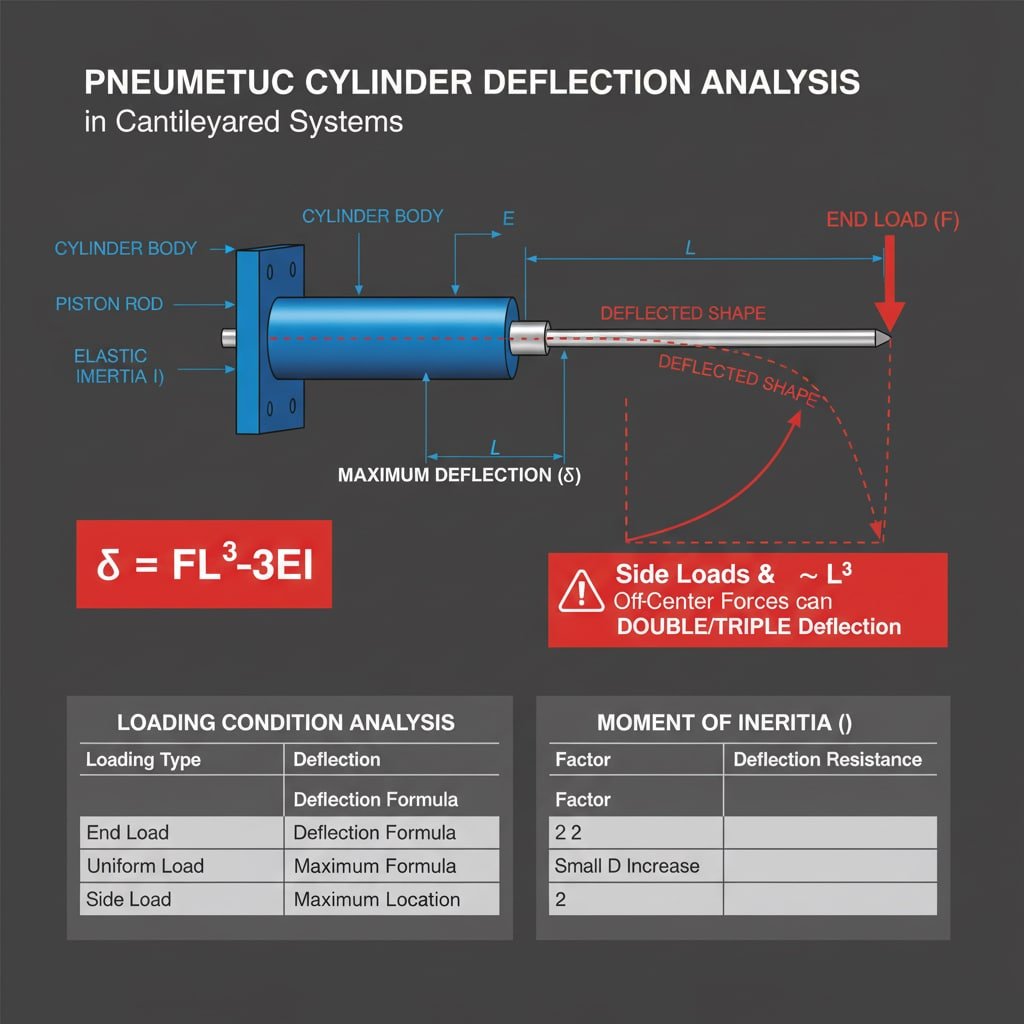 Cylinder Deflection Analysis in Cantilevered Systems, illustrating a pneumatic cylinder with its "CYLINDER BODY" and "PISTON ROD." It shows an "END LOAD (F)" causing "DEFLECTED SHAPE," with labels for "MAXIMUM DEFLECTION (δ)," "ELASTIC INERTIA (I)," and length "L." The key formula δ = FL³/3EI is prominently displayed. A warning highlights that "Side Loads & Off-Center Forces can DOUBLE/TRIPLE Deflection." Below, a "LOADING CONDITION ANALYSIS" table details deflection formulas for different load types, and a "MOMENT OF INERTIA (I)" table discusses factors influencing deflection resistance.
