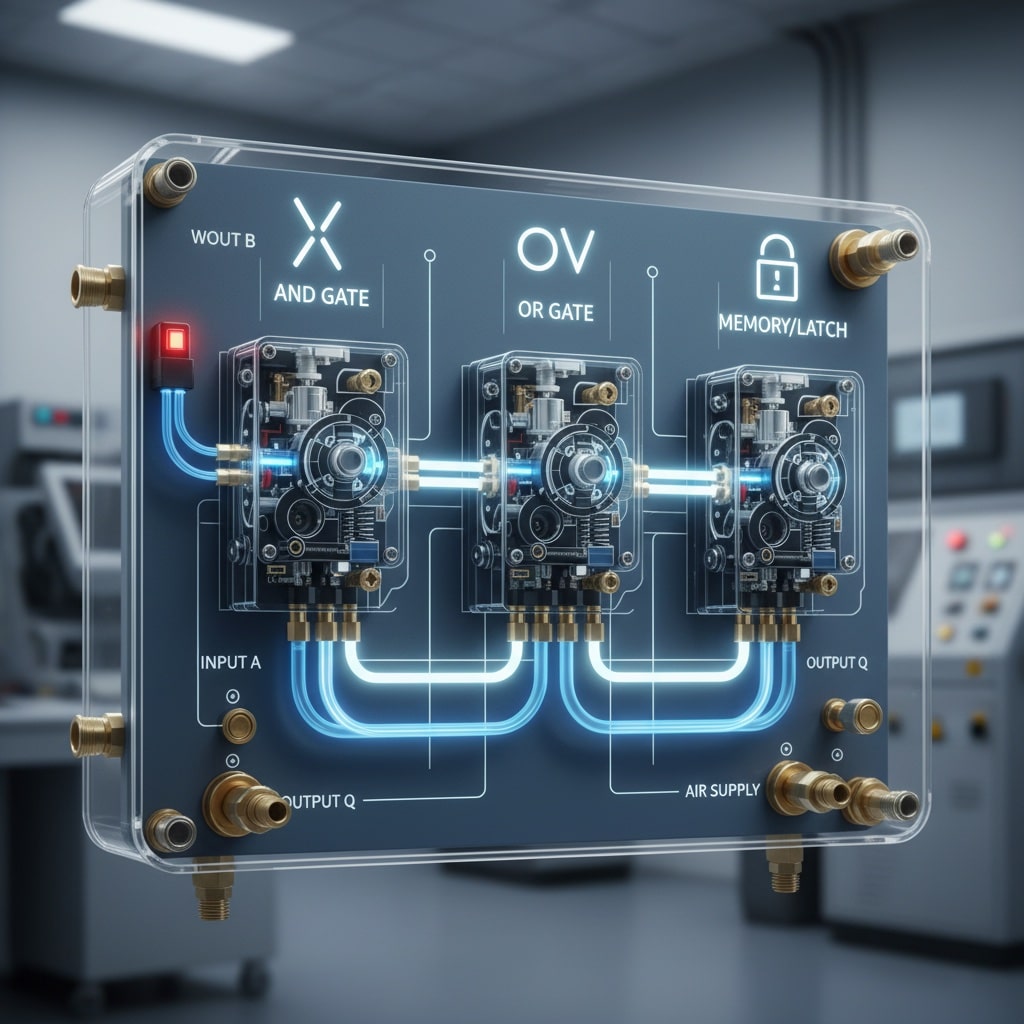 A sleek, transparent panel displays three illuminated pneumatic logic valve modules: an "AND GATE," an "OR GATE," and a "MEMORY/LATCH" module, as described in the article. Glowing blue lines illustrate the airflow pathways, with input and output ports clearly labeled as "INPUT A," "INPUT B," "OUTPUT Q," and "AIR SUPPLY." The internal mechanisms of the valves are visible, showcasing the intricate system that uses compressed air signals for Boolean operations. All text labels are in English and spelled correctly, set against a blurred background of an industrial control room, emphasizing the application of these valves in automated systems.