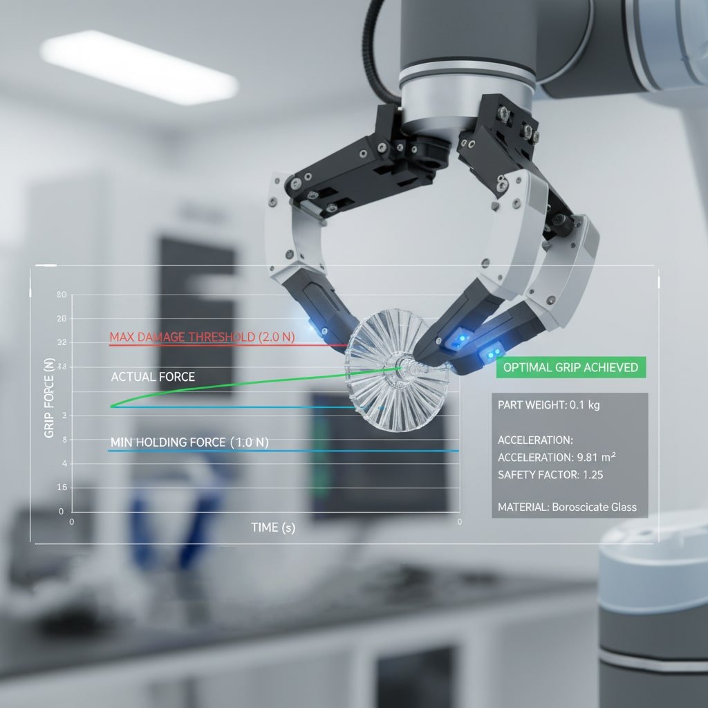 Billedet viser en robotarm med en griber, der holder en skrøbelig, uregelmæssigt formet del, sandsynligvis lavet af glas. Over billedet er der lagt en datavisualisering, der viser en graf over grebskraften (N) over tid (s). Grafen har tre vandrette linjer: "MIN HOLDING FORCE (1,0 N)" i blåt, "ACTUAL FORCE" i grønt og "MAX DAMAGE THRESHOLD (2,0 N)" i rødt. Den faktiske kraftlinje svæver over den minimale holdekraft og under den maksimale skadetærskel, med en grøn boks, der angiver "OPTIMAL GRIP ACHIEVED". En tekstboks beskriver "DELVÆGT: 0,1 kg", "ACCELERATION: 9,81 m²", "SIKKERHEDSFAKTOR: 1,25" og "MATERIALE: Borosilikatglas". Titlen "Præcis kraftkontrol: Preventing Damage and Failures" står tydeligt i bunden.