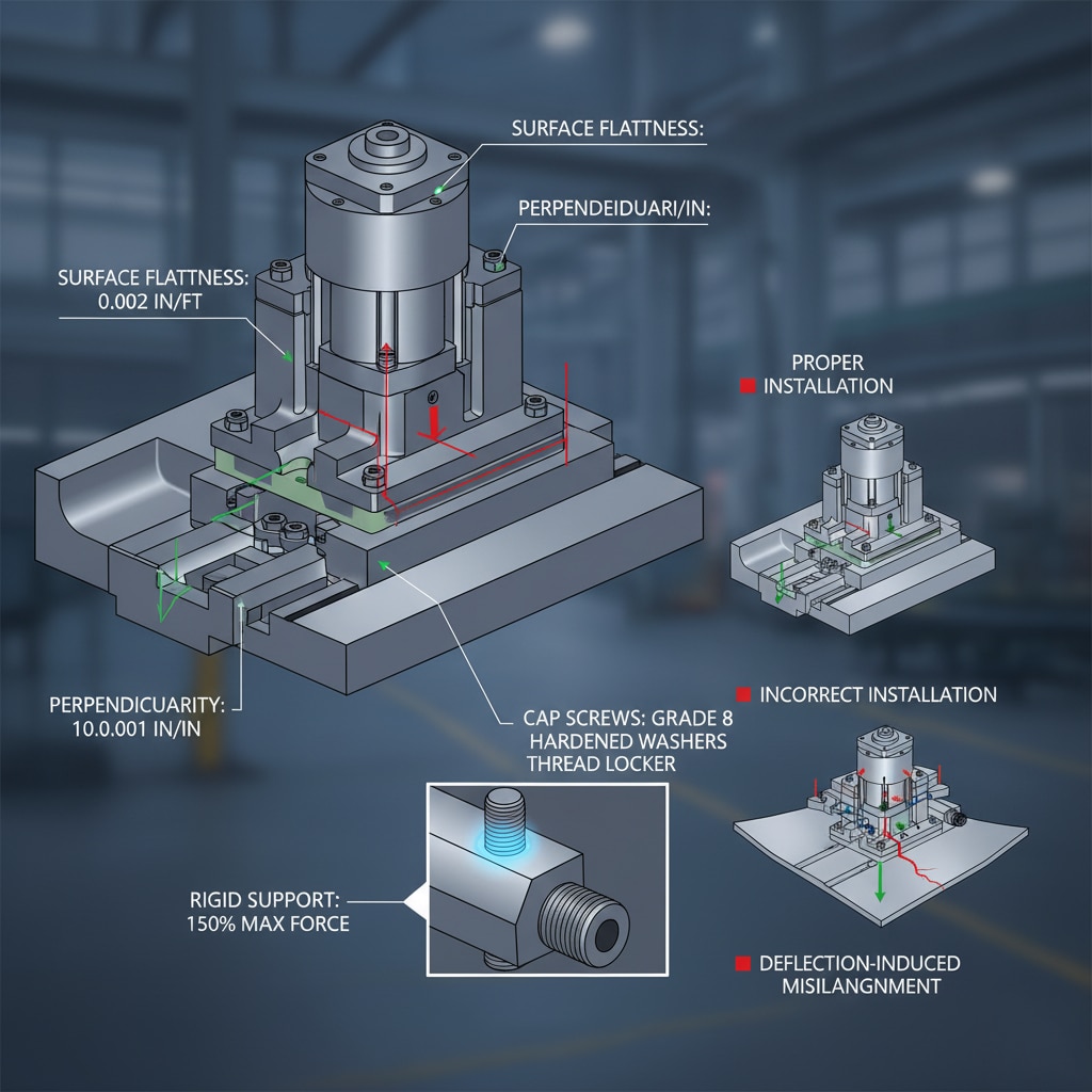ภาพประกอบทางเทคนิคโดยละเอียดที่แสดงแง่มุมสำคัญของการติดตั้งแอคชูเอเตอร์เพื่อความเสถียรและความแม่นยำสูงสุด แผนภาพหลักแสดงแอคชูเอเตอร์ที่ติดตั้งอย่างถูกต้องบนพื้นผิวที่แข็งและเรียบ พร้อมคำอธิบายที่เน้น "ความเรียบของพื้นผิว: 0.002 นิ้ว/ฟุต" และ "ความตั้งฉาก: 0.001 นิ้ว/นิ้ว" รวมถึงรายละเอียดเกี่ยวกับ "สกรูหัวเกลียว:แหวนรองกันคลายเกลียวเกรด 8 แข็งพิเศษ "THREAD LOCKER" และ "รองรับอย่างมั่นคง: 150% แรงสูงสุด"ลูกศรสีเขียวแสดงการกระจายแรงที่ถูกต้อง และภาพแทรกขนาดเล็กแสดงให้เห็นการเชื่อมต่อเกลียวที่ปลอดภัย ทางด้านขวา แผนภาพขนาดเล็กสองภาพเปรียบเทียบ "การติดตั้งที่ถูกต้อง" กับ "การติดตั้งที่ไม่ถูกต้อง" บนพื้นผิวที่โค้งงอ อธิบาย "การไม่ตรงแนวที่เกิดจากการโค้งงอ" ด้วยภาพ และเน้นความสำคัญของฐานที่มั่นคง.