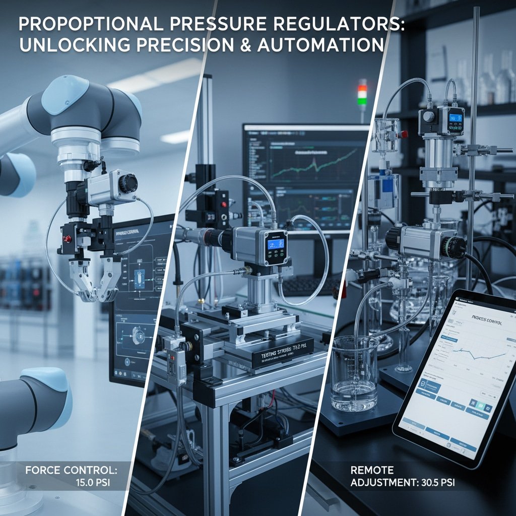 Triptyykki "Proportional Pressure Regulators: ". Vasemmassa paneelissa on robottikäsi, joka tarttuu tarkasti esineeseen, ja kuvassa lukee "FORCE CONTROL: 15.0 PSI". Keskimmäisessä paneelissa on testauslaitteisto, jossa on komponentti, jossa lukee "TESTING SYSTEM: T527PXL" tarkastuksen alla, mikä korostaa tarkkuutta. Oikeanpuoleisessa paneelissa on monimutkainen laboratorioasetus, jossa lukee "REMOTE ADJUSTMENT: 30.5 PSI" tabletilla, mikä korostaa automatisoitua ja kauko-ohjausta.