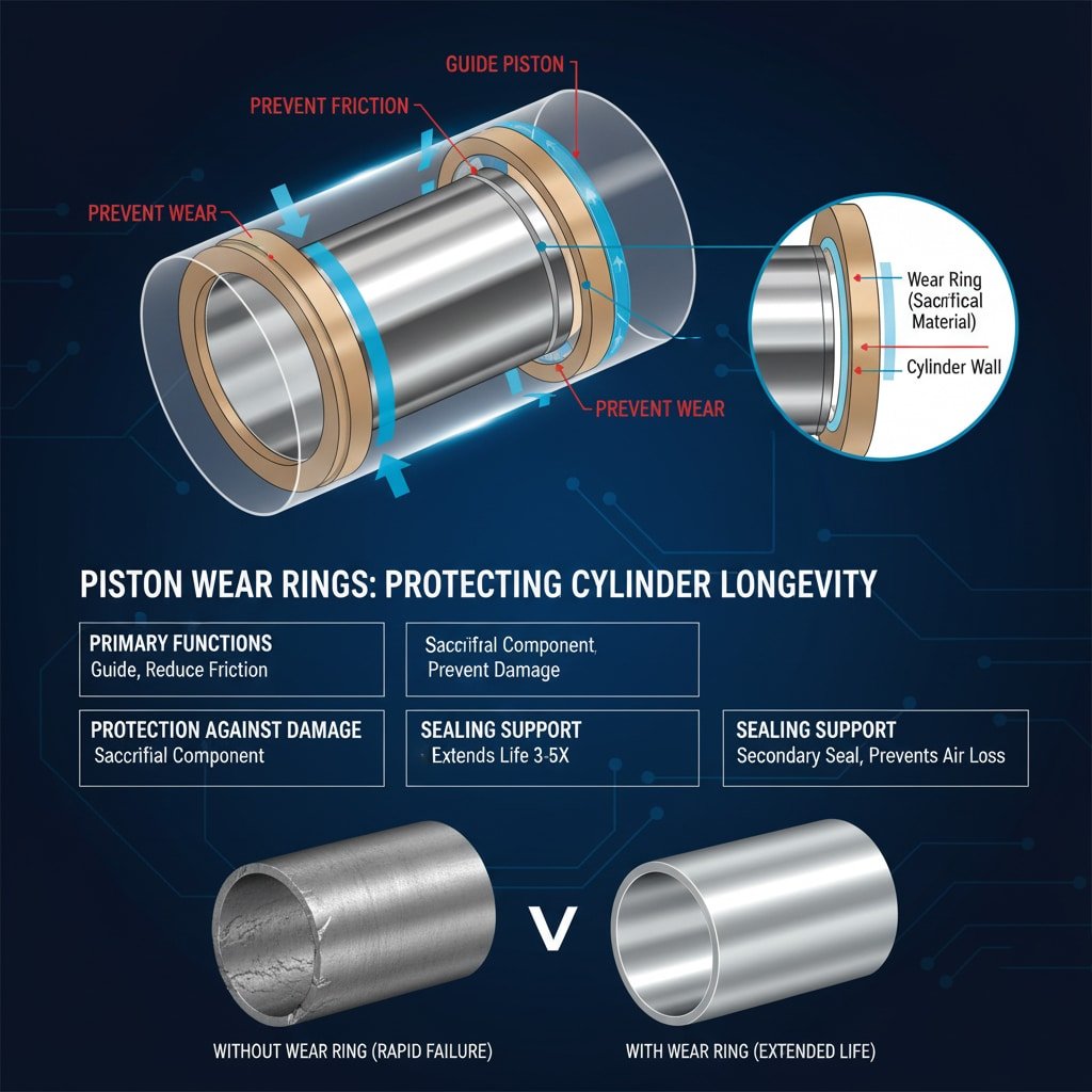 Schemat techniczny zatytułowany "PIERŚCIENIE ZUŻYWAJĄCE TŁOK: OCHRONA DŁUGOŚCI CYLINDERA" ilustruje funkcje i zalety pierścieni ślizgowych w cylindrze. Główna grafika przedstawia wycięcie tłoka i cylindra z pierścieniem ślizgowym, podkreślając jego rolę w "prowadzeniu tłoka", "zapobieganiu zatarciu" i "zapobieganiu zużyciu". Powiększona wstawka pokazuje pierścień ślizgowy jako "materiał ochronny" na "ściance cylindra". Poniżej wymieniono kluczowe funkcje: "PODSTAWOWE FUNKCJE (prowadzenie, redukcja tarcia)", "OCHRONA PRZED USZKODZENIAMI (element protektorowy)" i "WSPARCIE USZCZELNIAJĄCE (wydłuża żywotność 3-5 razy, uszczelnienie wtórne, zapobiega utracie powietrza)". Obraz kończy się wizualnym porównaniem cylindra "BEZ pierścienia ślizgowego (SZYBKA AWARIA)" wykazującego znaczne uszkodzenia z cylindrem "Z pierścieniem ślizgowym (WYDŁUŻONA ŻYWOTNOŚĆ)" wyglądającym nieskazitelnie.