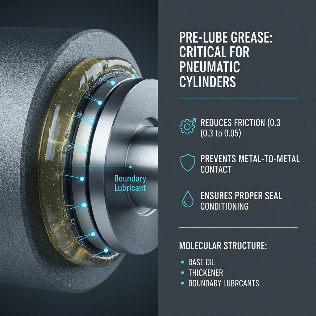 Detailní detailní vyobrazení vnitřních součástí pneumatického válce, na kterém je mezi pohyblivými částmi zobrazena ochranná vrstva plastického maziva s textem zdůrazňujícím jeho výhody, jako je snížení tření, prevence kontaktu kovu s kovem a úprava těsnění, spolu s jeho molekulární strukturou.