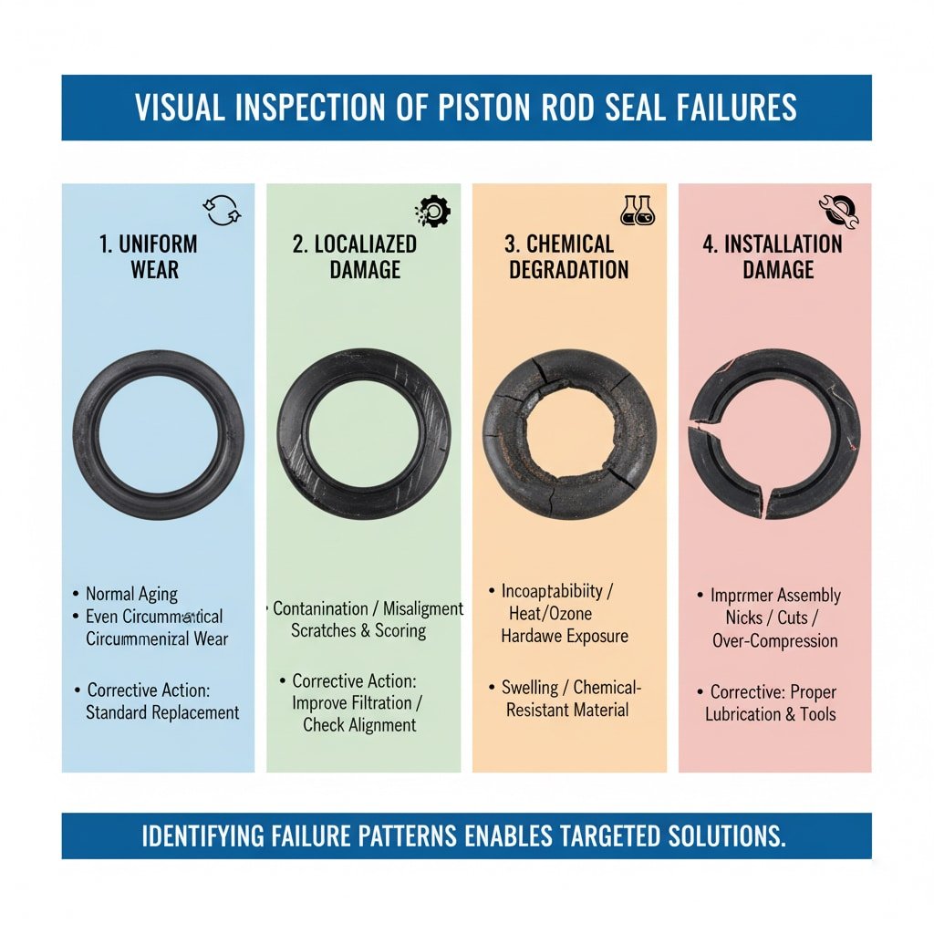A four-panel diagram illustrating common piston rod seal failure types identifiable through visual inspection. Each panel shows a distinct damaged seal and lists its characteristics and corrective actions. Panel 1, "UNIFORM WEAR," displays a slightly worn, intact seal and describes normal aging and circumferential wear, with a corrective action of standard replacement. Panel 2, "LOCALIZED DAMAGE," shows a seal with scratches and scoring, indicating contamination or misalignment, with corrective actions including improving filtration and checking alignment. Panel 3, "CHEMICAL DEGRADATION," features a cracked and hardened seal, pointing to incompatibility or heat/ozone exposure, suggesting a switch to chemical-resistant material. Panel 4, "INSTALLATION DAMAGE," shows a broken or cut seal, revealing improper assembly, with corrective actions like proper lubrication and using correct tools. All text on the diagram is clear and in English.