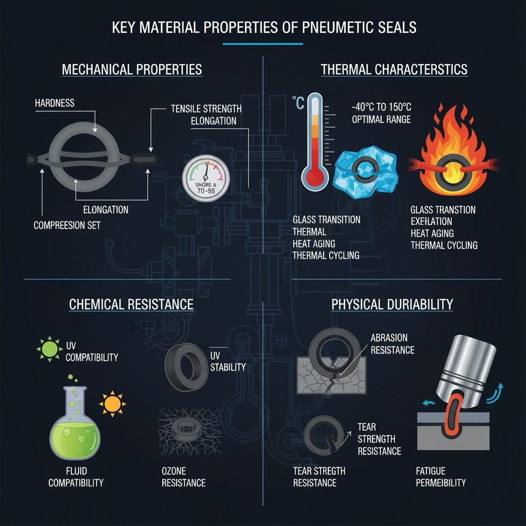 Een uitgebreide infographic met de belangrijkste materiaaleigenschappen van pneumatische afdichtingen, onderverdeeld in mechanische eigenschappen, thermische eigenschappen, chemische resistentie en fysieke duurzaamheid. Elke categorie is voorzien van relevante pictogrammen en labels zoals hardheid, treksterkte, temperatuurbereik, vloeistofcompatibiliteit en slijtvastheid, allemaal tegen een subtiele achtergrond van industriële blauwdrukken.