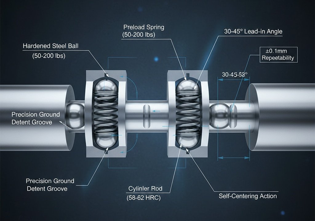 A detailed cross-section diagram of a mechanical ball detent system, illustrating its internal components and operational principles. Key elements like the hardened steel balls, preload springs, precision ground detent grooves, and cylinder rod are clearly labeled with technical specifications and dimensions, highlighting the system's design for precise and repeatable positioning without external power.