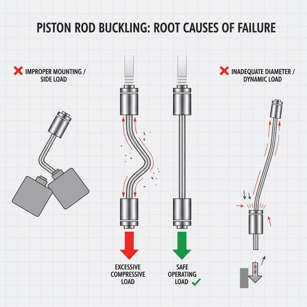 Illustre les causes de défaillance du flambage des tiges de piston : montage incorrect/charge latérale entraînant une charge de compression et une flexion excessives par rapport à une charge de fonctionnement sûre ; diamètre de tige inadéquat/charge dynamique montrant une autre forme de flambage.