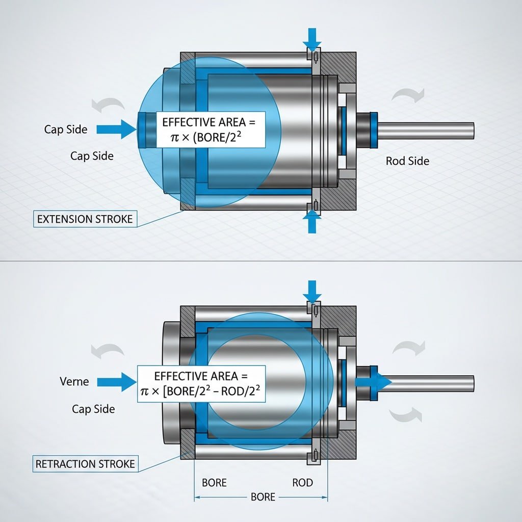 A detailed diagram illustrating the effective piston area in a pneumatic cylinder during both extension and retraction strokes, highlighting the formulas for calculating force generation.