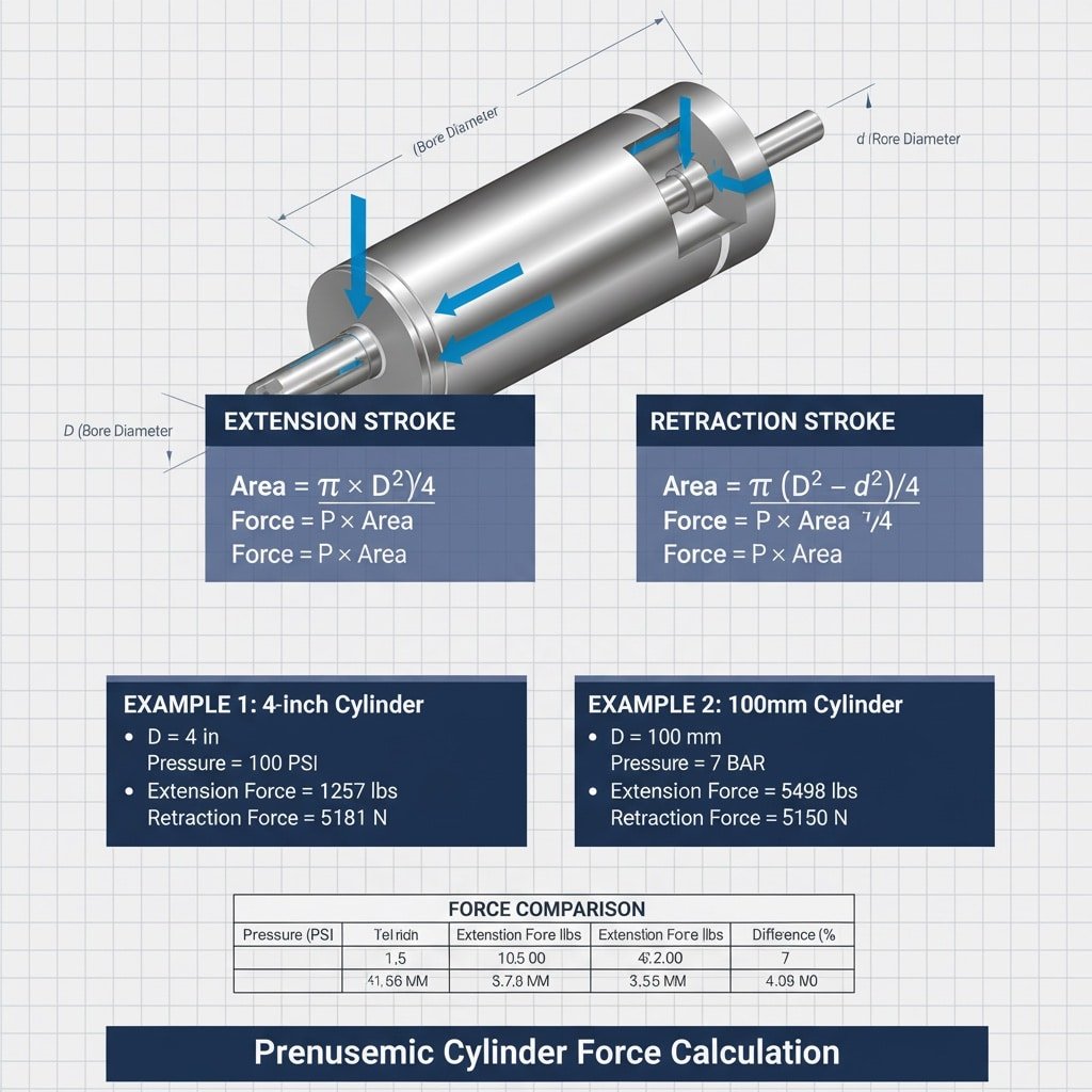 A detailed infographic providing formulas and examples for calculating the extension and retraction forces of a pneumatic cylinder, including a cross-section diagram and tables of data.