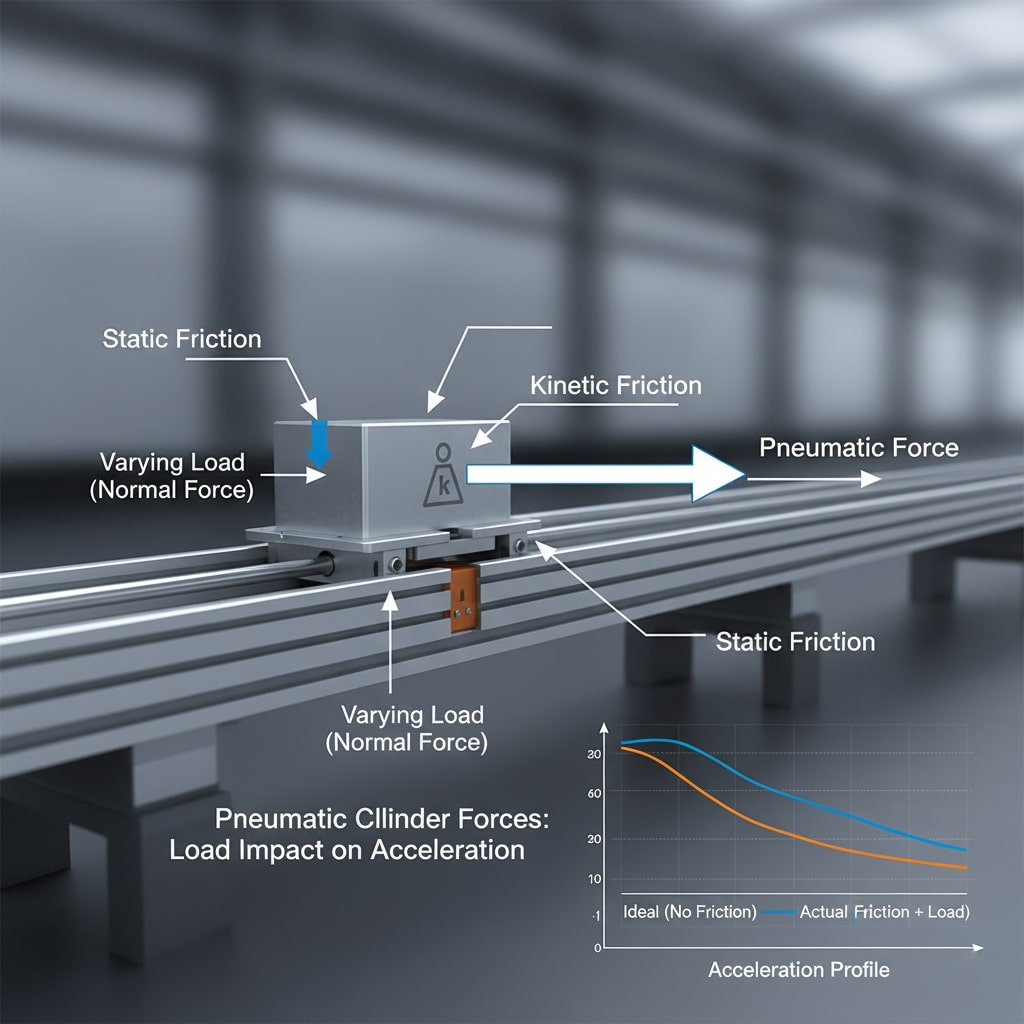 A dynamic illustration depicting the various forces acting on a pneumatic cylinder system with a varying load. The main image shows a load block on a linear guide, with arrows indicating "Static Friction," "Kinetic Friction," "Varying Load (Normal Force)," and "Pneumatic Force." An inset graph displays "Acceleration Profile," comparing "Ideal (No Friction)" and "Actual Friction + Load" curves. This visual effectively explains how friction, especially with changing loads, impacts cylinder acceleration and overall performance.