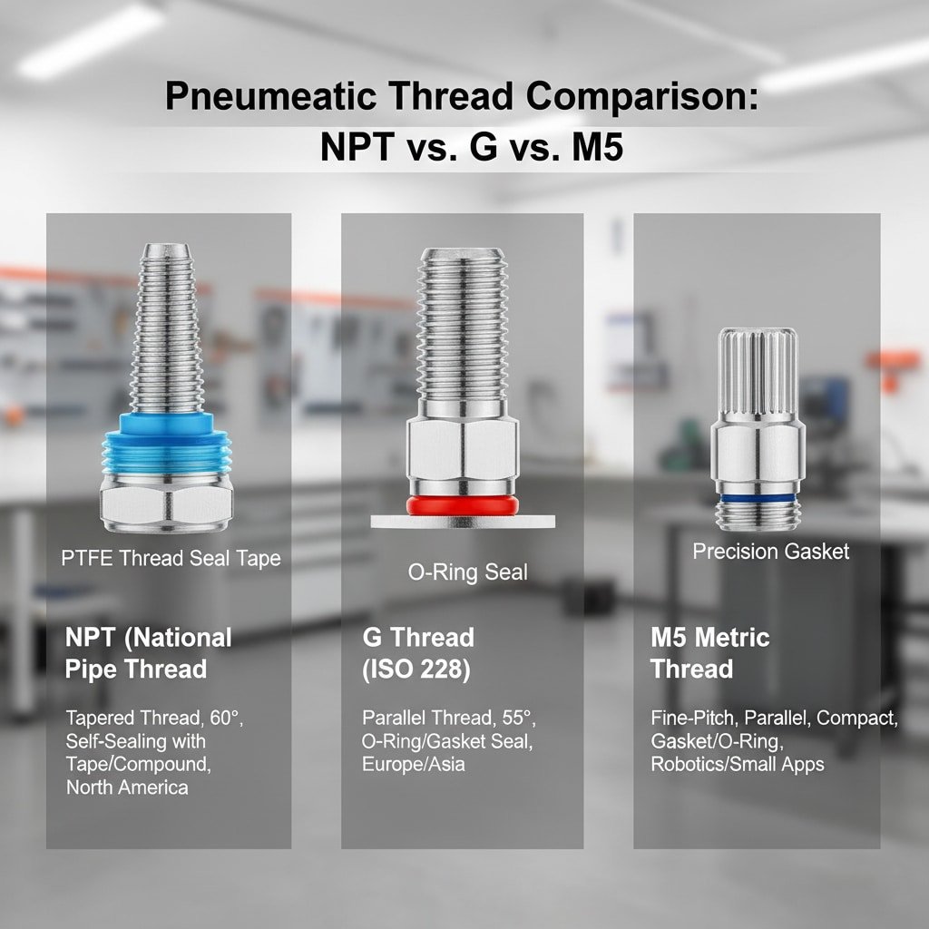A comparative visual guide showcasing three types of pneumatic threads: NPT, G Thread (ISO 228), and M5 Metric Thread. Each thread type is depicted with its characteristic design, primary sealing method (PTFE tape, O-ring, or precision gasket), and key identifying features, accompanied by text detailing their respective specifications and common applications. This image serves as a clear illustration of the distinct advantages and uses for each thread type in pneumatic systems.