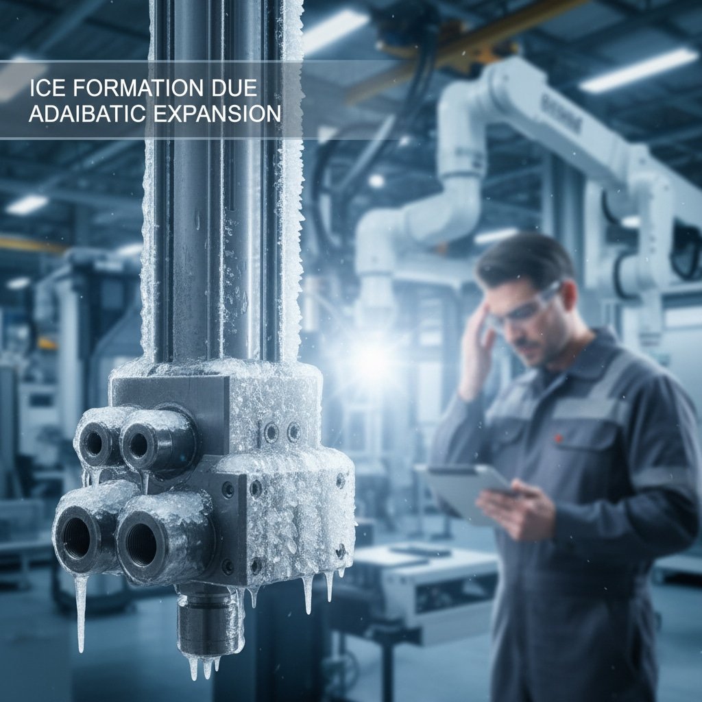 En pneumatisk sylinder dekket av is og istapper, med tekstoverlegg "ICE FORMATION DUE TO ADIABATIC EXPANSION", som illustrerer effekten av adiabatisk ekspansjon. I den uskarpe bakgrunnen holder en frustrert ingeniør i et fabrikkmiljø et nettbrett, som symboliserer utfordringene med å vedlikeholde utstyr under slike forhold.