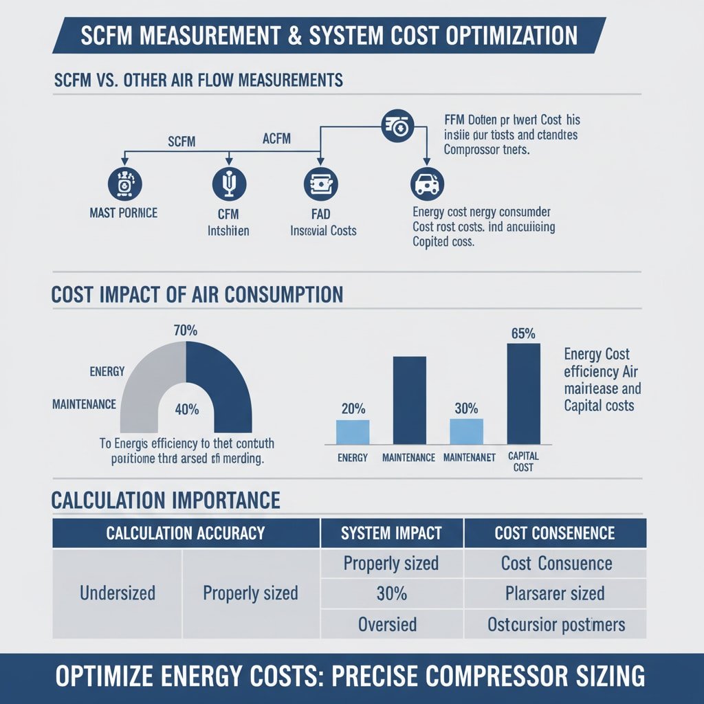 Ένα infographic που περιγράφει λεπτομερώς τη μέτρηση SCFM, τη σύγκρισή της με άλλες μετρήσεις ροής αέρα (ACFM, FAD) και τον αντίκτυπό της στο κόστος του συστήματος, συμπεριλαμβανομένου ενός διαγράμματος donut, ενός ραβδογράμματος και πινάκων για τη σημασία του υπολογισμού.