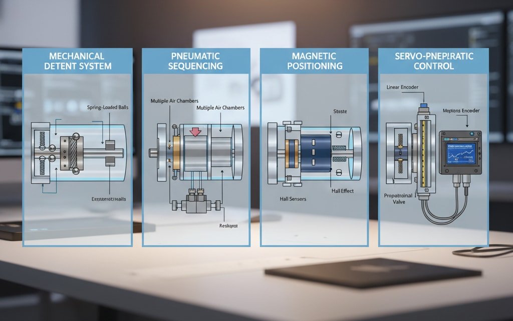 A detailed technical illustration showing a cutaway view of a multi-position pneumatic cylinder. The diagram highlights the internal mechanics, including separate air chambers and a piston rod with a mechanical detent groove, explaining how precise intermediate stops are achieved.