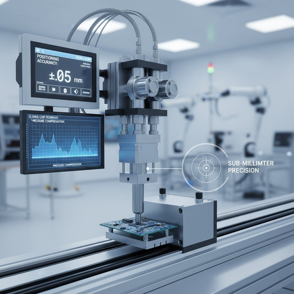 Ein hochpräzises pneumatisches Servo-Positionierungssystem platziert empfindliche elektronische Bauteile präzise auf einer Leiterplatte in einer Reinraumumgebung. Zwei Monitore zeigen "POSITIONIERGENAUIGKEIT: ±0,05 mm" und "CLOSED-LOOP FEEDBACK + DRUCKKOMPENSATION" mit einer entsprechenden Grafik an und veranschaulichen so die Fähigkeit des Systems, eine Genauigkeit im Submillimeterbereich zu erreichen. Der Fokuskreis mit der Beschriftung "SUB-MILLIMETER-GENAUIGKEIT" unterstreicht die entscheidende Genauigkeit des Vorgangs.