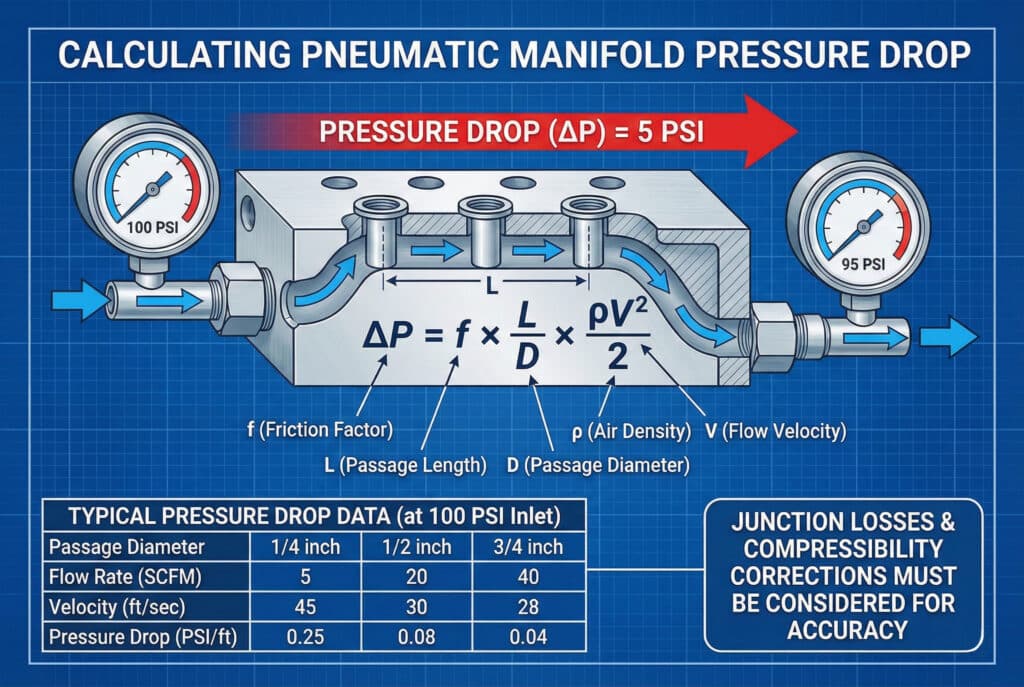 Tehnički dijagram ilustrira izračun pada pritiska u pneumatskom razvodniku. Poprečni presjek razvodnika prikazuje protok zraka od ulaza s manometrom od 100 PSI do izlaza s manometrom od 95 PSI, što ukazuje na pad pritiska od 5 PSI. Formula ΔP = f × (L/D) × (ρV²/2) prikazana je s oznakama za svaku varijablu. Tabela ispod pruža tipične podatke o padu pritiska za različite promjere prolaza i protoke.