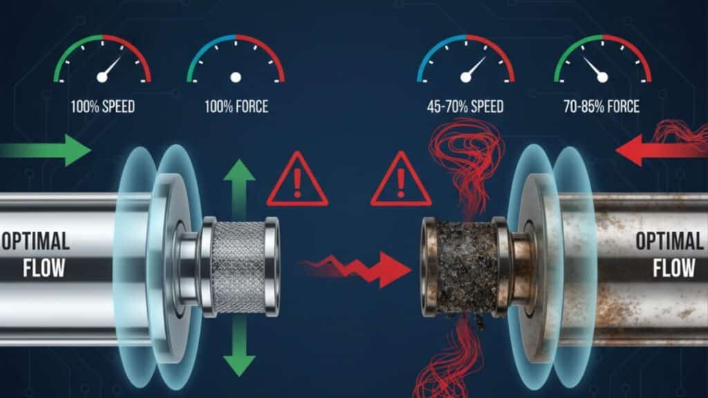 مخطط مقارنة يوضح تأثير كاتم الصوت المسدود على نظام هوائي، يوضح التدفق الأمثل مع كاتم صوت نظيف يوفر سرعة وقوة 100% مقابل التدفق المقيد مع كاتم صوت مسدود، مما يؤدي إلى انخفاض كبير في السرعة (45-70%) والقوة (70-85%).