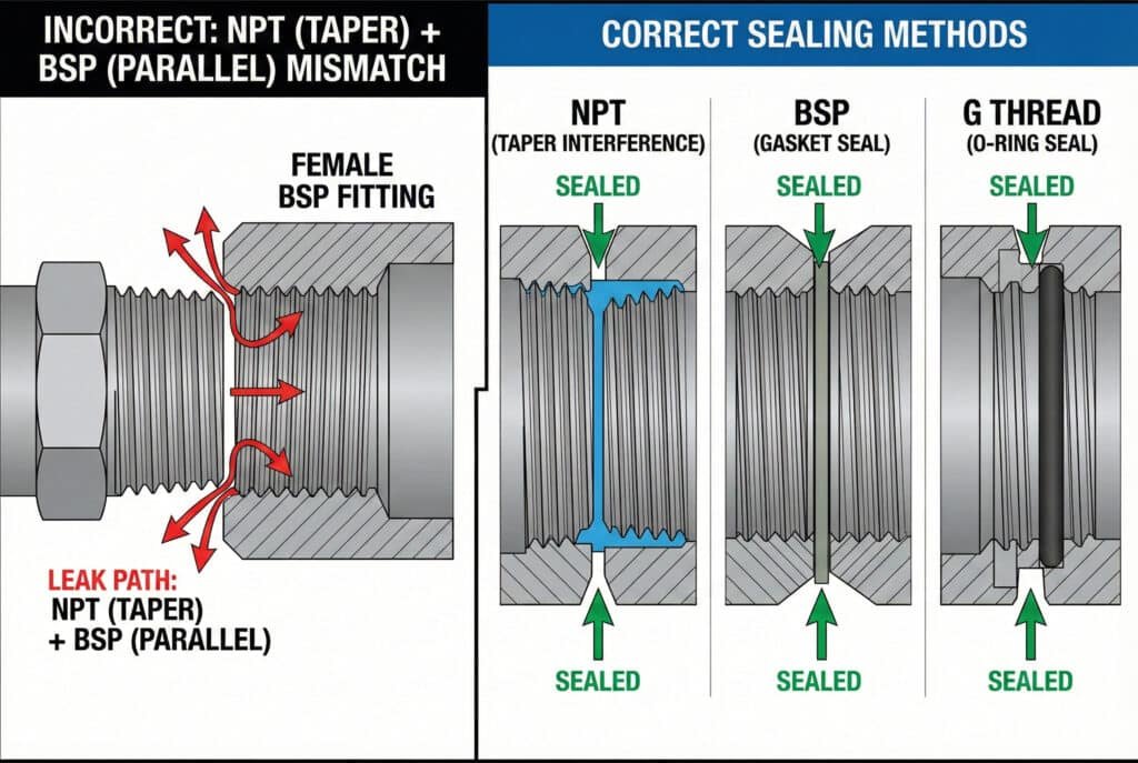Un schéma technique à panneaux séparés illustrant l'étanchéité pneumatique des filetages. Le panneau de gauche, intitulé " INCORRECT : NPT (CONIQUE) + BSP (PARALLÈLE) INCOMPATIBLES ", montre une coupe transversale de raccords incompatibles avec des flèches rouges indiquant un " CHEMIN DE FUITE " où l'air s'échappe en raison d'un mauvais engagement. Le panneau de droite, intitulé " CORRECT SEALING METHODS " (Méthodes d'étanchéité correctes), affiche trois coupes transversales distinctes marquées " SEALED " (Étanchéité) avec des flèches vertes, illustrant la technique appropriée : " NPT (INTERFÉRENCE CONIQUE) " avec un produit d'étanchéité bleu, " BSP (JOINT D'ÉTANCHÉITÉ) " avec un joint plat entre les composants et " FILETAGE G (JOINT TORIQUE) " avec un joint torique capturé.