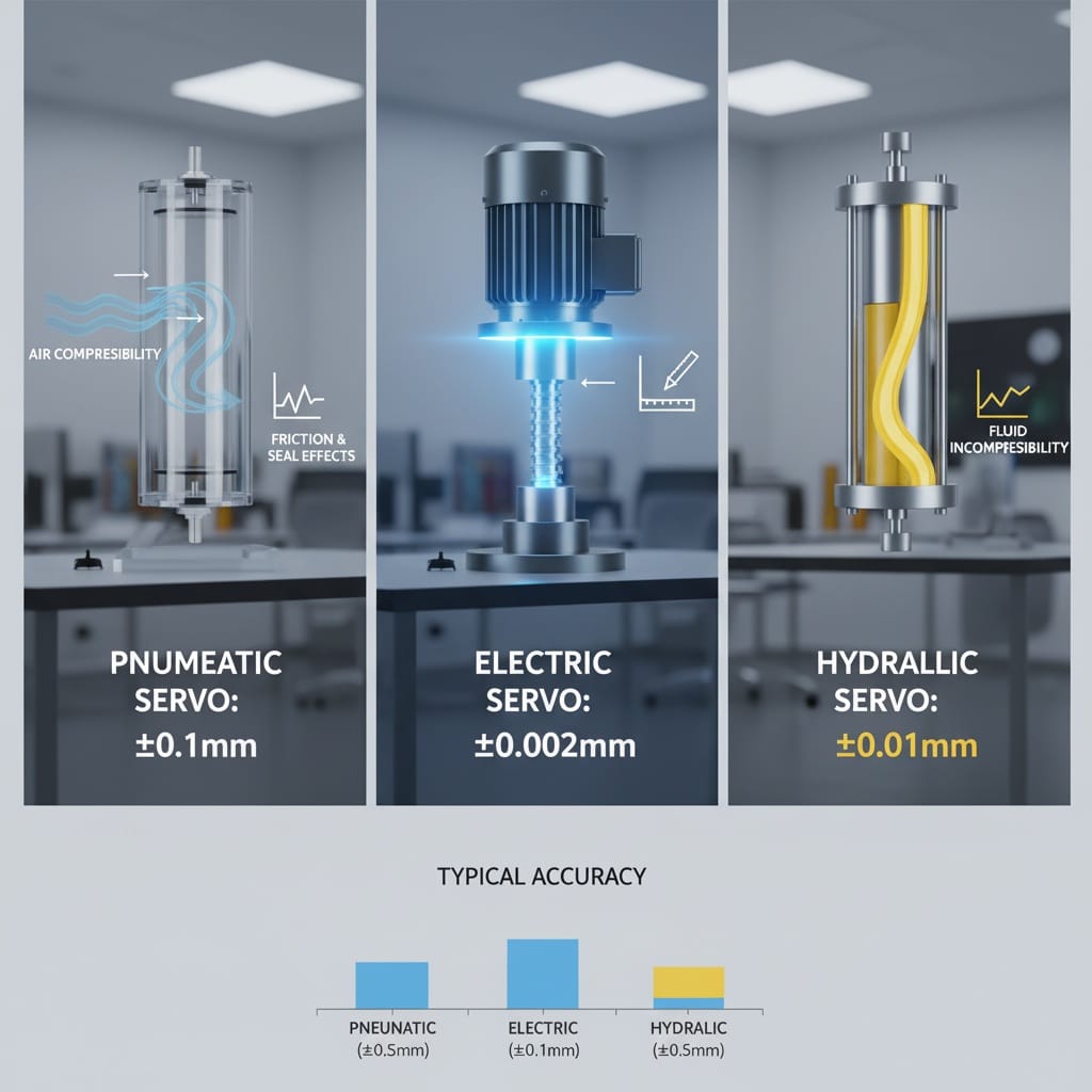 Trostruka uporedna slika ilustrira ograničenja "TIPIČNE TAČNOSTI" različitih servo sistema. Prvi panel prikazuje pneumatski cilindar s oznakama "SKUPCIVOST VAZDUHA" i "EFEKTI TRENJA I ZATVARANJA", što ukazuje na tačnost "PNEUMATSKI SERVO: ±0,1 mm". Drugi panel prikazuje električni motor povezan s vijačom, predstavljajući "ELEKTRIČNI SERVO: ±0,002 mm". Treći panel prikazuje hidraulični cilindar s oznakama "NEKOMPRESIBILNOST TEČNOSTI", prikazujući "HIDRAULIČNI SERVO: ±0,01 mm". Ispod, stupac vizuelno upoređuje "TIPIČNU TAČNOST" pneumatskih (±0,5 mm), električnih (±0,1 mm) i hidrauličkih (±0,5 mm) sistema.