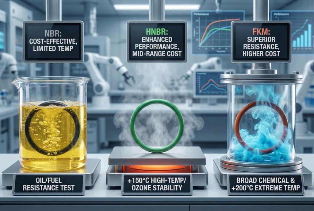 Лабораторное сравнение трех уплотнительных материалов в условиях различных испытаний на прочность: черное уплотнительное кольцо из NBR в испытании на маслостойкость, зеленое уплотнительное кольцо из HNBR в испытании на стабильность при высокой температуре +150 °C и красно-коричневое уплотнительное кольцо из FKM в испытании на химическую стойкость и экстремальные температуры до +200 °C. Цифровые метки над каждой станцией отражают их соответствующие эксплуатационные характеристики и компромиссы по стоимости, как описано в статье.